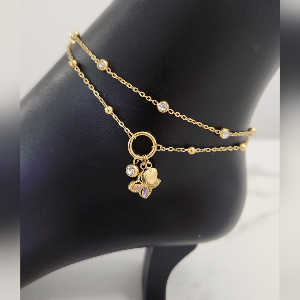 Double Chain Crystals Diamond Flower Anklet Bracrlet With Heart & Gem Charms